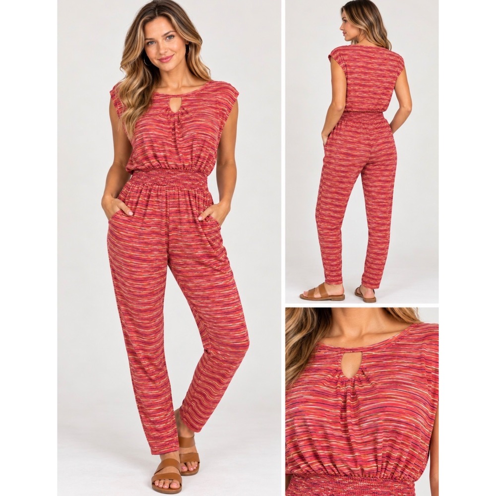 Veronica M Strapless Space Dye Stripe Jumpsuit Pink Orange Small Smocked Waist